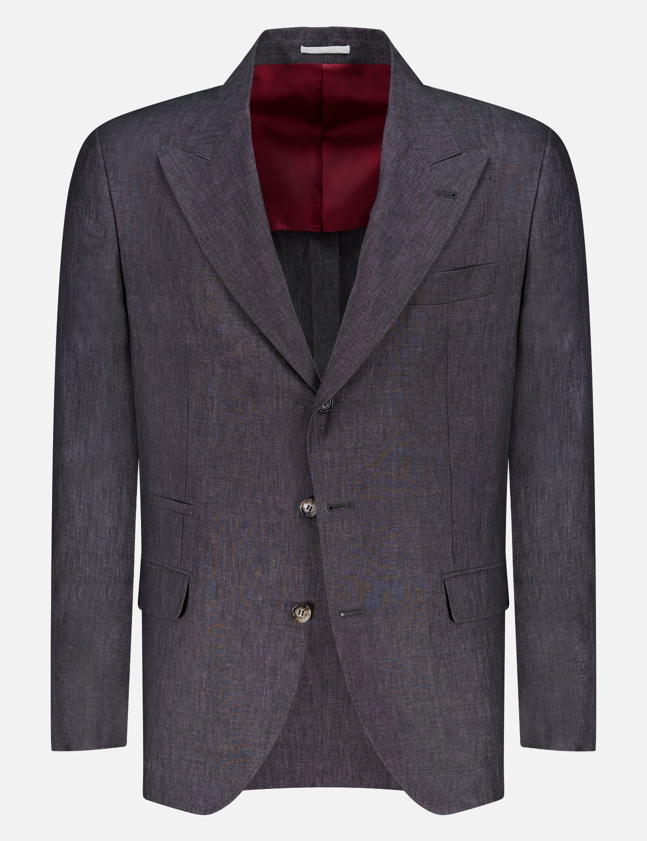 The BRUNELLO CUCINELLI Linen Single-breasted Suit Jacket features a dark grey design with three buttons, notched lapels, and front pockets, shown on a white background with a hint of maroon lining for added style.