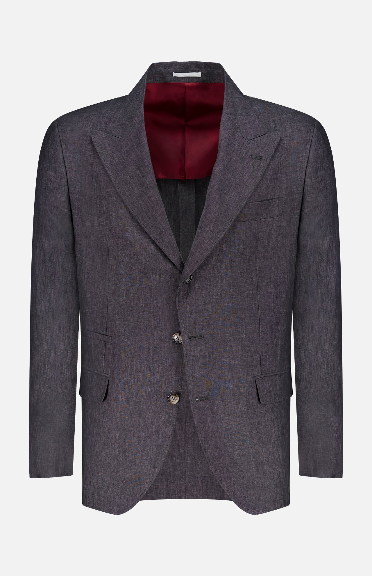 The BRUNELLO CUCINELLI Linen Single-breasted Suit Jacket features a dark grey design with three buttons, notched lapels, and front pockets, shown on a white background with a hint of maroon lining for added style.