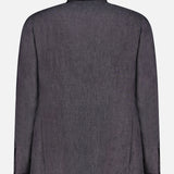The BRUNELLO CUCINELLI Linen Single-breasted Suit Jacket is shown from the back in dark grey with a subtle textured fabric, long sleeves, and a straight hem, displayed against a plain white background.