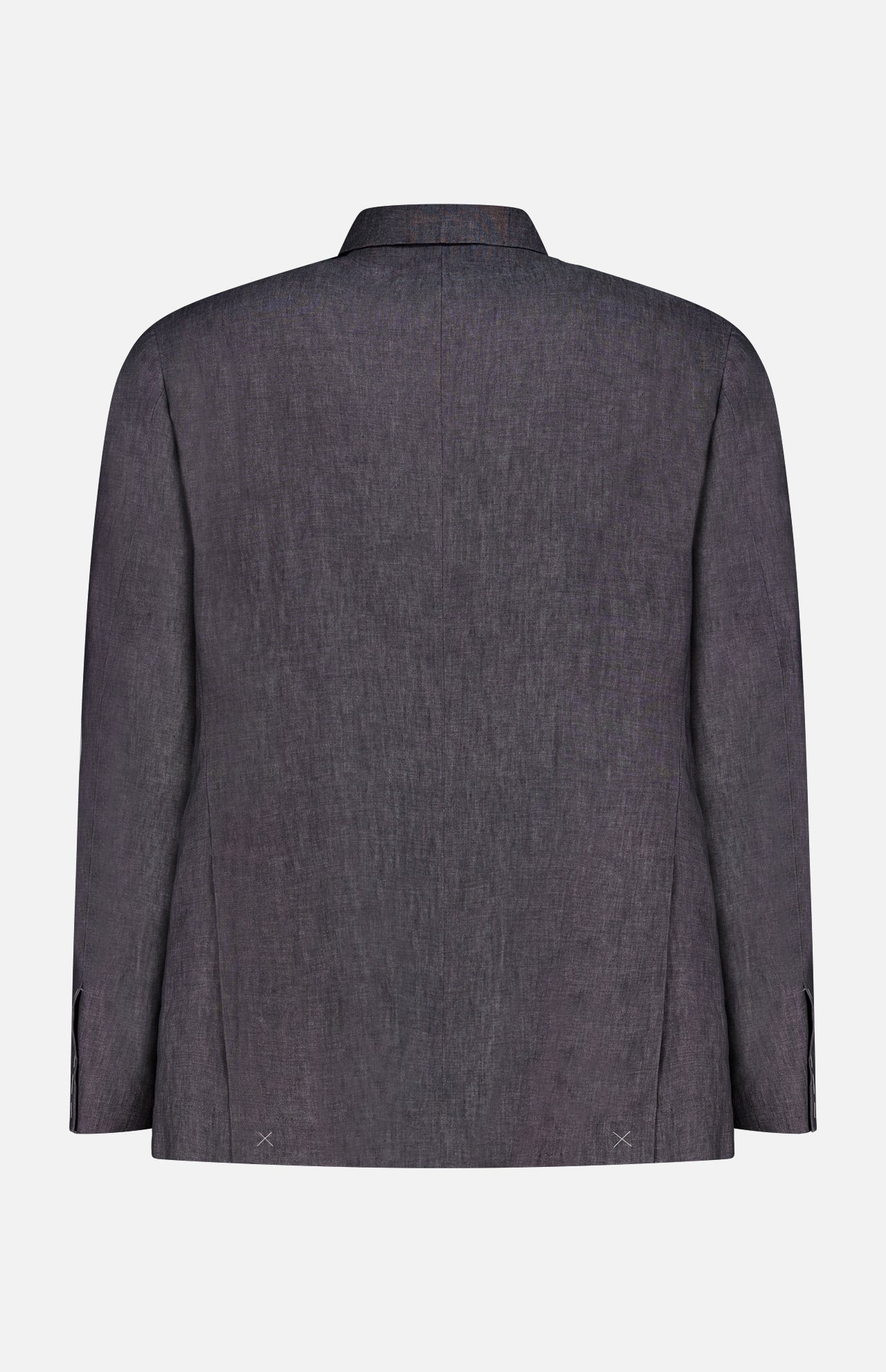 The BRUNELLO CUCINELLI Linen Single-breasted Suit Jacket is shown from the back in dark grey with a subtle textured fabric, long sleeves, and a straight hem, displayed against a plain white background.