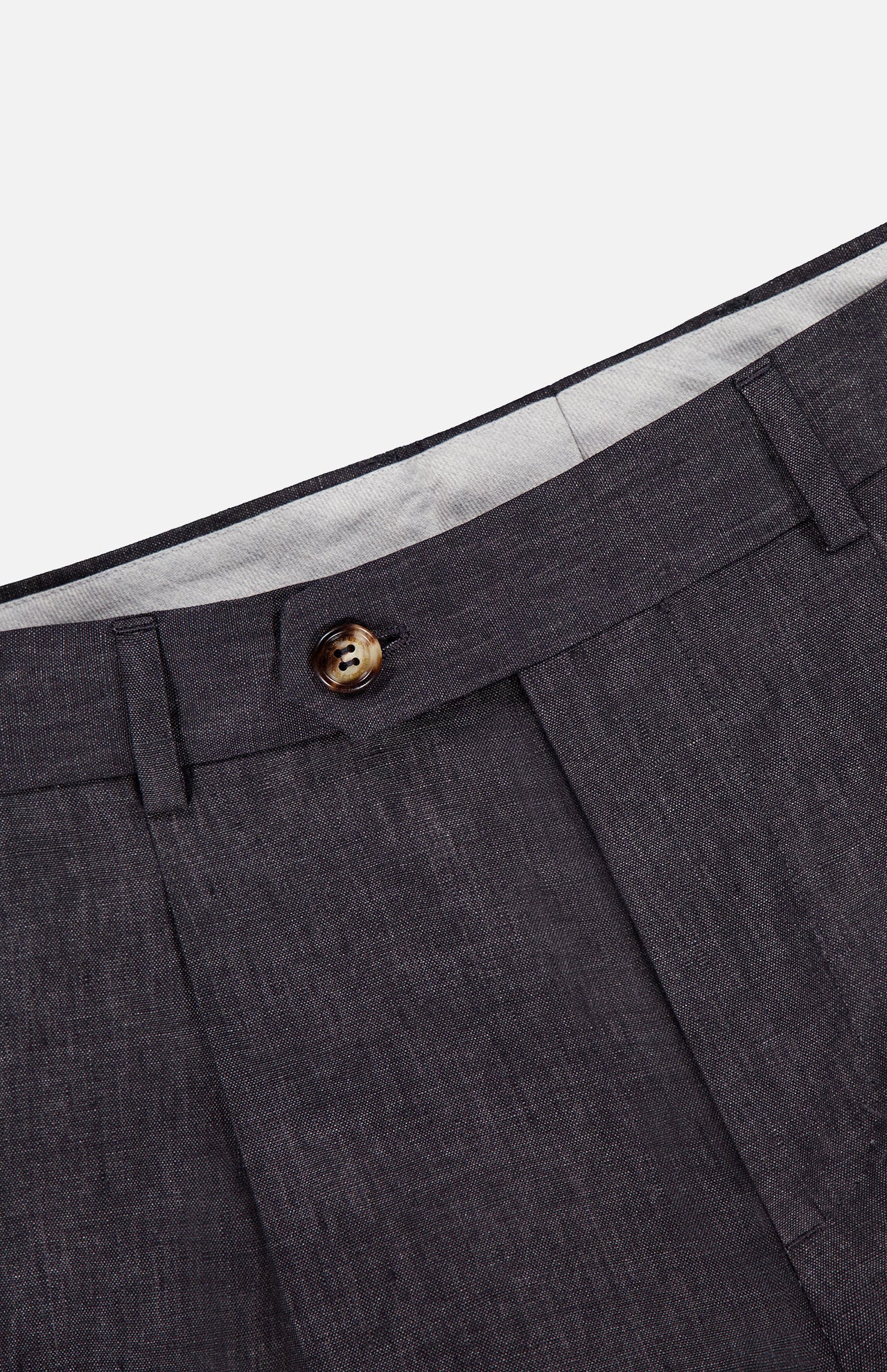 Close-up of the waistband and upper part of BRUNELLO CUCINELLI Linen Suit Trouser Pant in dark gray, showing pleats, belt loops, a brown button closure, and light gray inner lining.