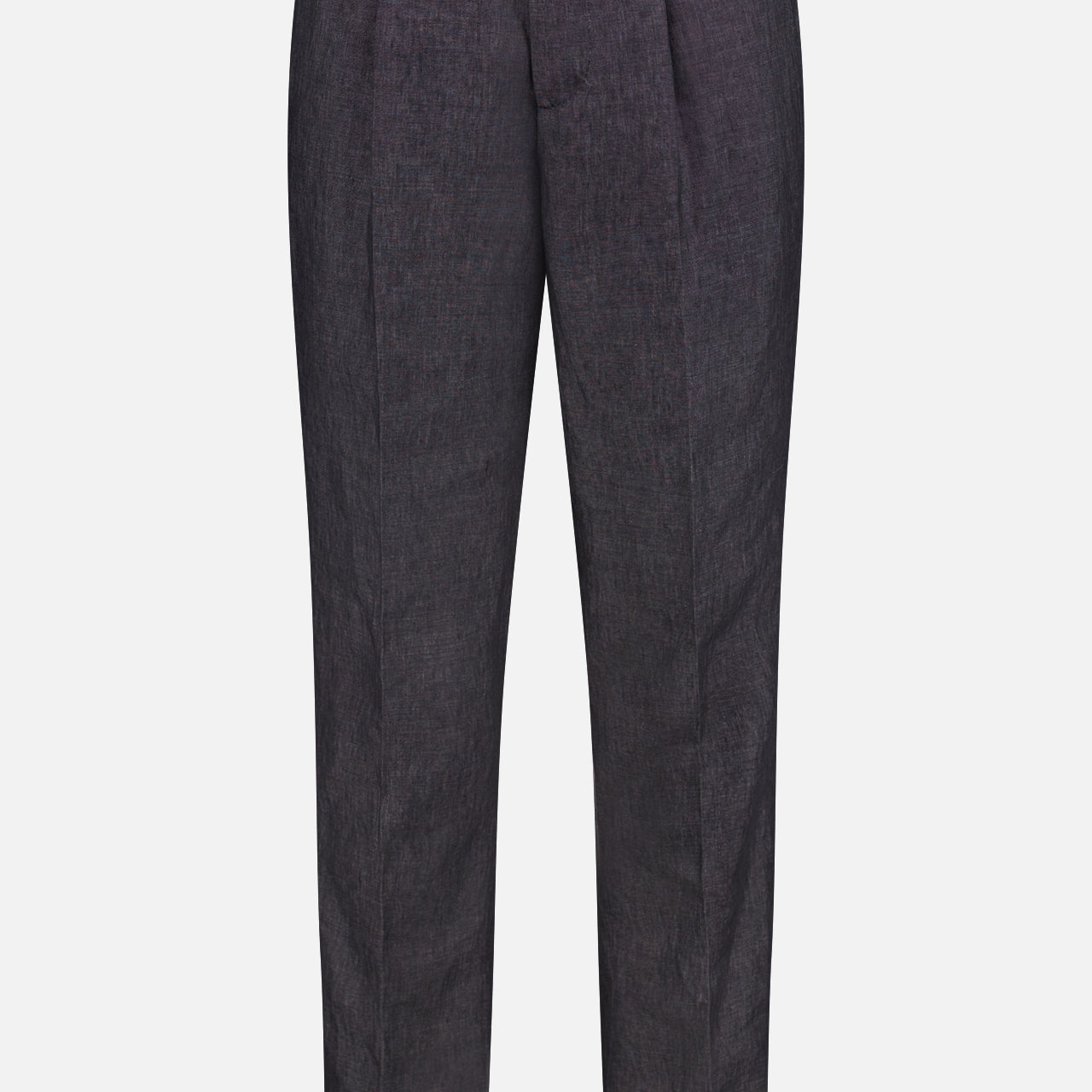 BRUNELLO CUCINELLI Linen Suit Trouser Pant: dark gray, pleated fit with button and zip closure, belt loops, and front pleats. Made in Italy. Displayed against a white background.