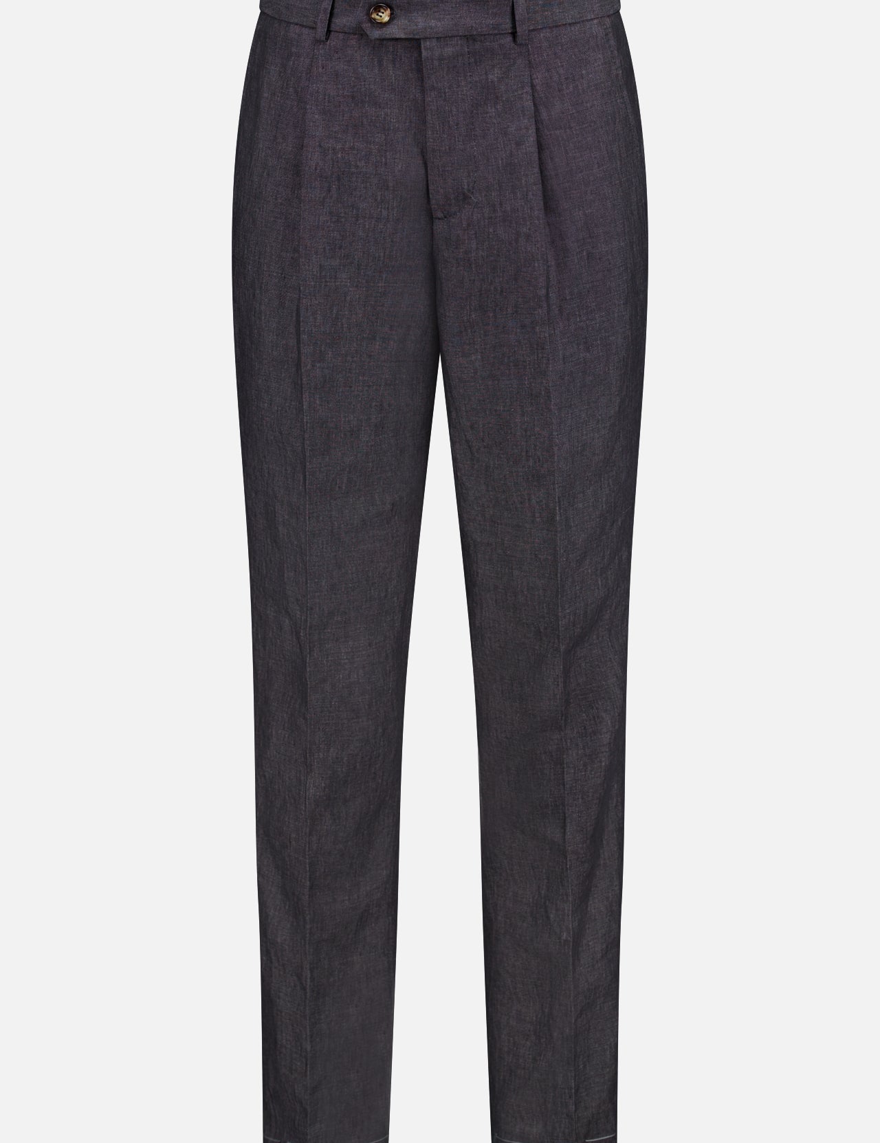 BRUNELLO CUCINELLI Linen Suit Trouser Pant: dark gray, pleated fit with button and zip closure, belt loops, and front pleats. Made in Italy. Displayed against a white background.