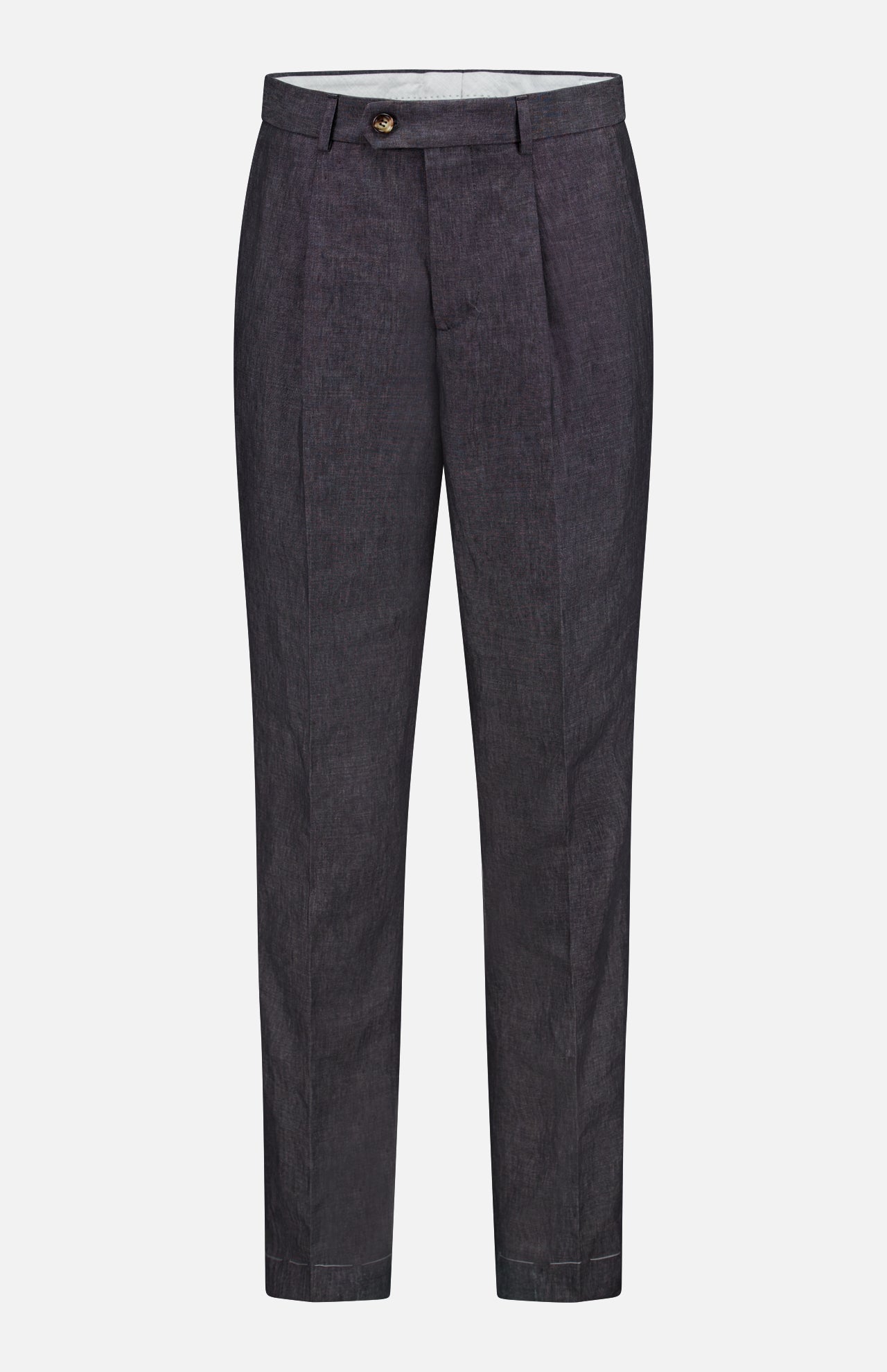 BRUNELLO CUCINELLI Linen Suit Trouser Pant: dark gray, pleated fit with button and zip closure, belt loops, and front pleats. Made in Italy. Displayed against a white background.