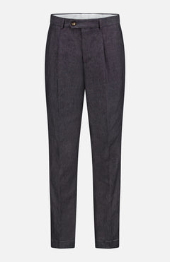 BRUNELLO CUCINELLI Linen Suit Trouser Pant: dark gray, pleated fit with button and zip closure, belt loops, and front pleats. Made in Italy. Displayed against a white background.