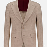 The BRUNELLO CUCINELLI Plaid Wool-blend Sportcoat, shown against a plain white background, features a tan plaid pattern with notched lapels, two-button closure, front flap pockets, and a rich burgundy inner lining. This men's blazer seamlessly combines classic elegance with modern refinement.