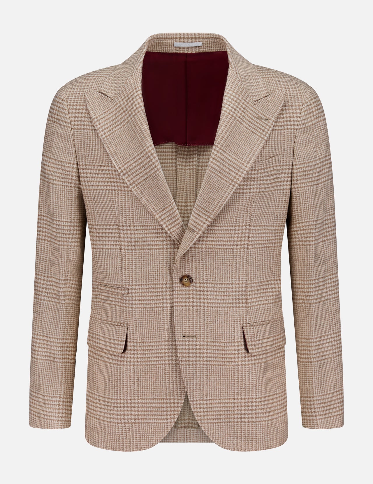 The BRUNELLO CUCINELLI Plaid Wool-blend Sportcoat, shown against a plain white background, features a tan plaid pattern with notched lapels, two-button closure, front flap pockets, and a rich burgundy inner lining. This men's blazer seamlessly combines classic elegance with modern refinement.
