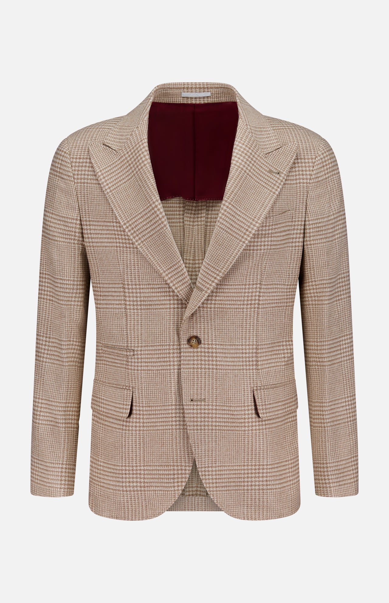 The BRUNELLO CUCINELLI Plaid Wool-blend Sportcoat, shown against a plain white background, features a tan plaid pattern with notched lapels, two-button closure, front flap pockets, and a rich burgundy inner lining. This men's blazer seamlessly combines classic elegance with modern refinement.
