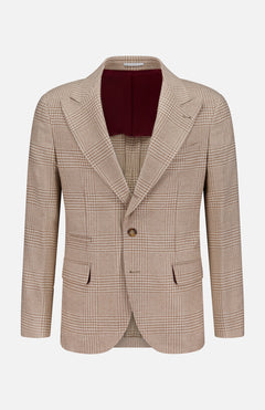 The BRUNELLO CUCINELLI Plaid Wool-blend Sportcoat, shown against a plain white background, features a tan plaid pattern with notched lapels, two-button closure, front flap pockets, and a rich burgundy inner lining. This men's blazer seamlessly combines classic elegance with modern refinement.