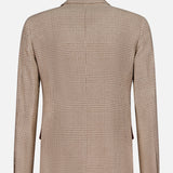 Back view of the BRUNELLO CUCINELLI Plaid Wool-blend Sportcoat in beige with a subtle checkered pattern, featuring long sleeves and a classic collar, displayed against a plain white background.