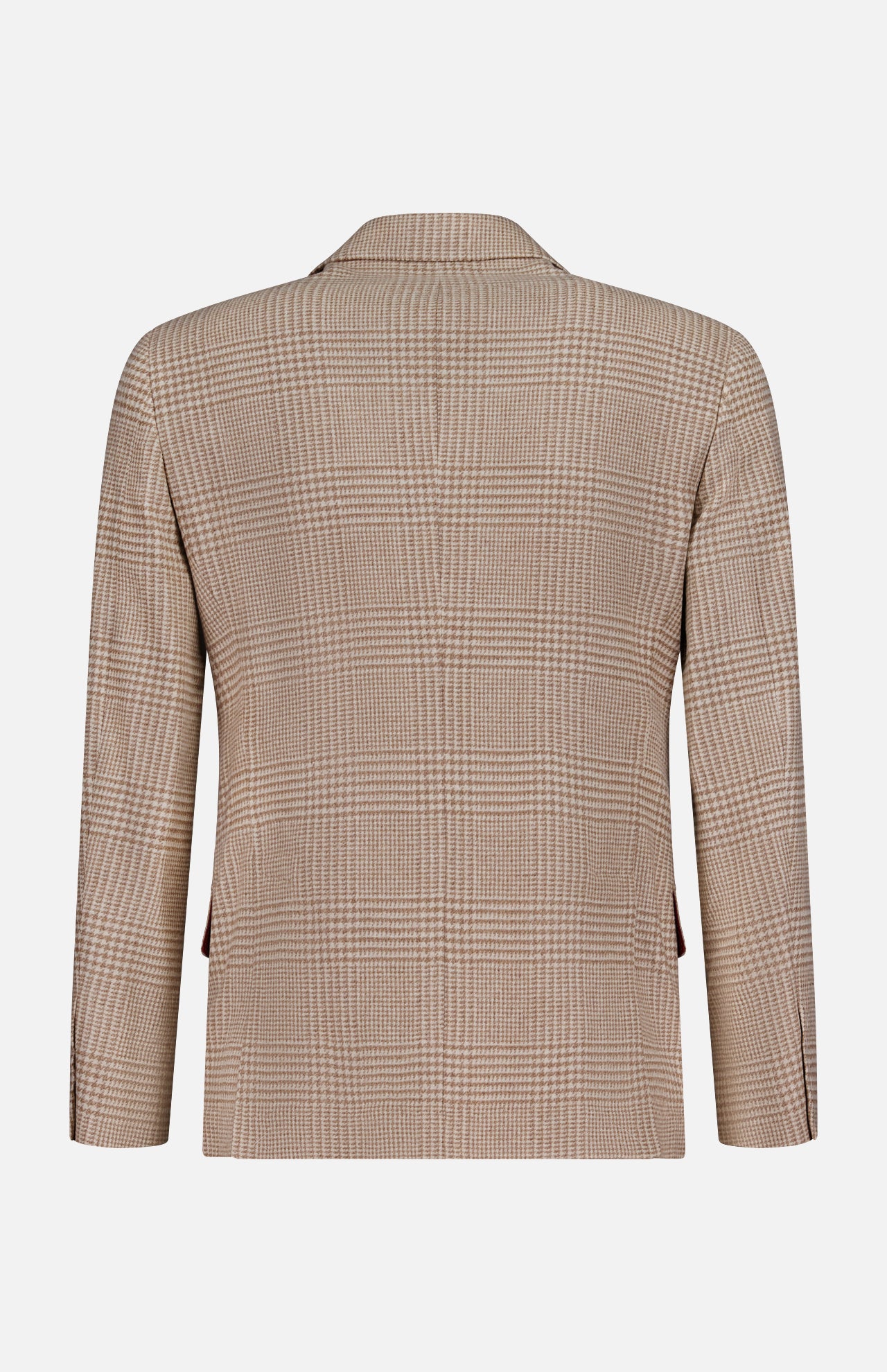 Back view of the BRUNELLO CUCINELLI Plaid Wool-blend Sportcoat in beige with a subtle checkered pattern, featuring long sleeves and a classic collar, displayed against a plain white background.