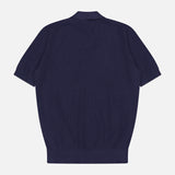 The BRUNELLO CUCINELLI Polo Short Sleeve Sweater in navy blue is shown from the back with a ribbed hem and small collar, made in Italy, displayed against a plain white background.