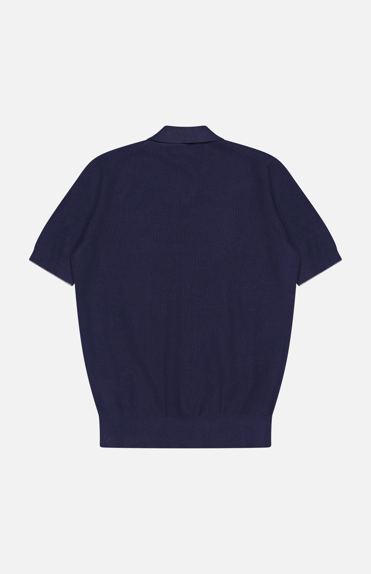 The BRUNELLO CUCINELLI Polo Short Sleeve Sweater in navy blue is shown from the back with a ribbed hem and small collar, made in Italy, displayed against a plain white background.