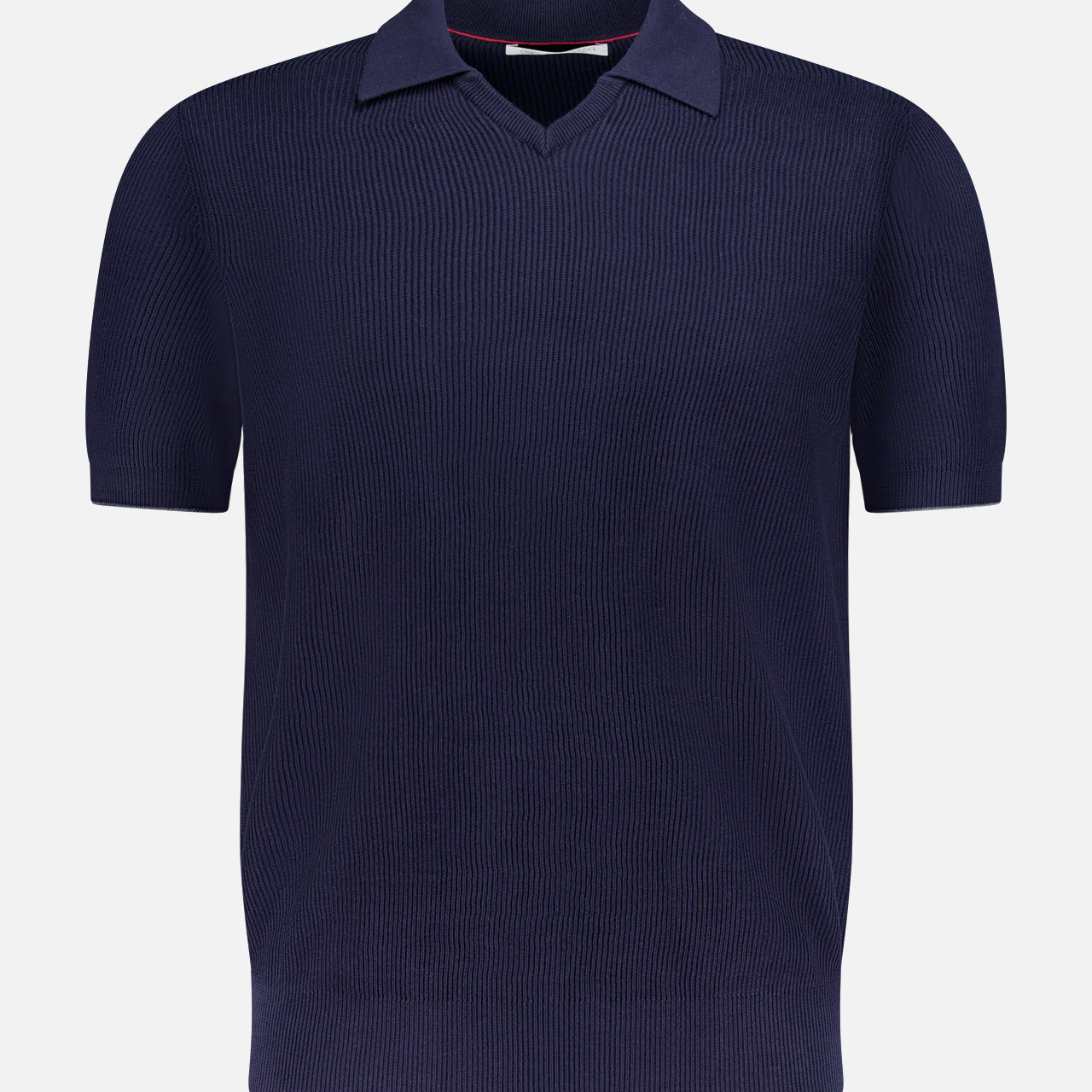 The BRUNELLO CUCINELLI Polo Short Sleeve Sweater in navy blue features a classic collar and subtle English rib knit pattern, made in Italy, shown on a plain white background.