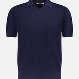 The BRUNELLO CUCINELLI Polo Short Sleeve Sweater in navy blue features a classic collar and subtle English rib knit pattern, made in Italy, shown on a plain white background.