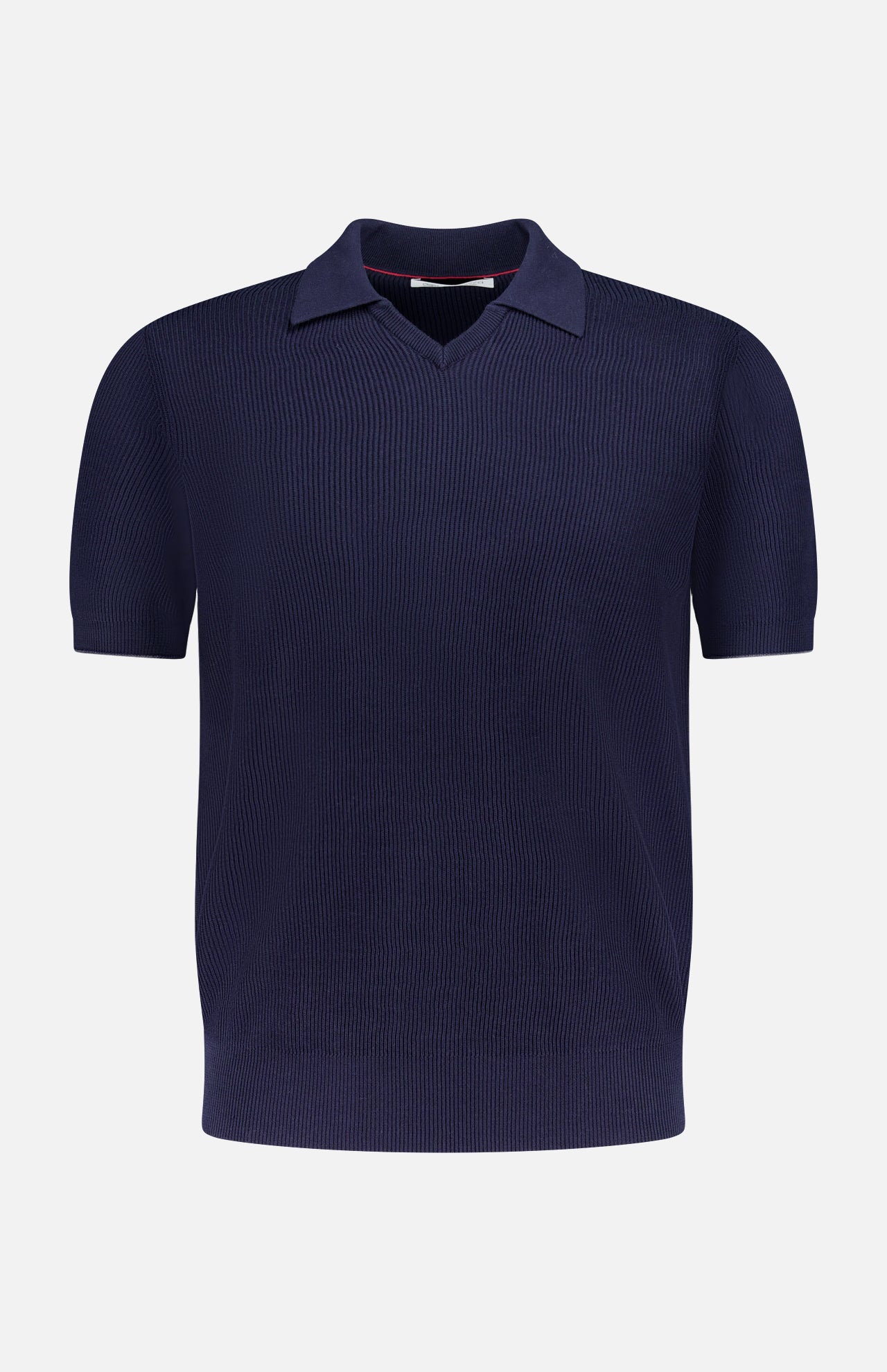 The BRUNELLO CUCINELLI Polo Short Sleeve Sweater in navy blue features a classic collar and subtle English rib knit pattern, made in Italy, shown on a plain white background.