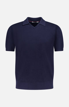 The BRUNELLO CUCINELLI Polo Short Sleeve Sweater in navy blue features a classic collar and subtle English rib knit pattern, made in Italy, shown on a plain white background.