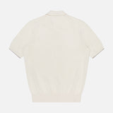 The BRUNELLO CUCINELLI Polo Short Sleeve Sweater is a white 100% cotton knit polo, featuring ribbed hem and cuffs, shown from the back on a white background.
