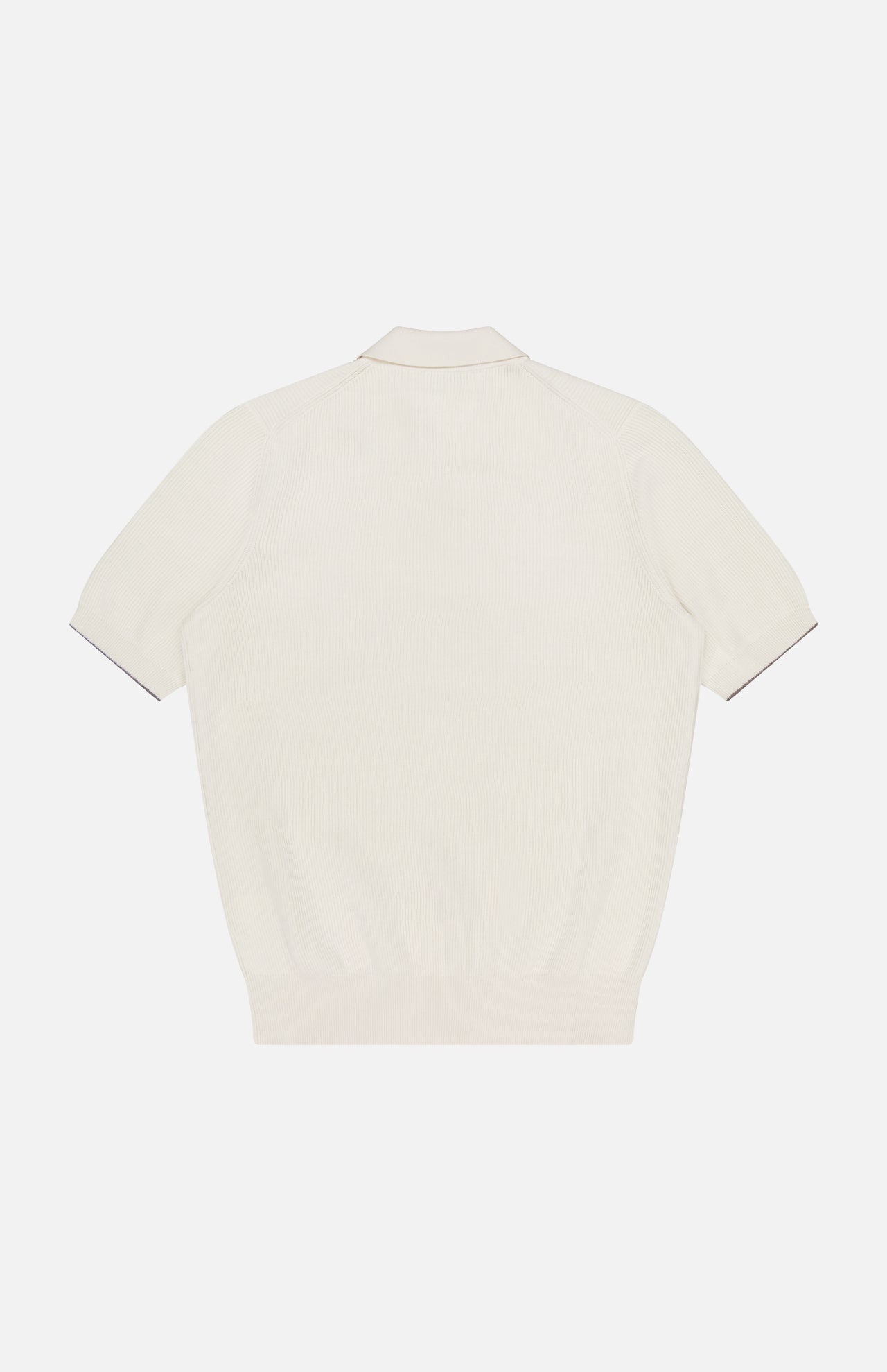 The BRUNELLO CUCINELLI Polo Short Sleeve Sweater is a white 100% cotton knit polo, featuring ribbed hem and cuffs, shown from the back on a white background.