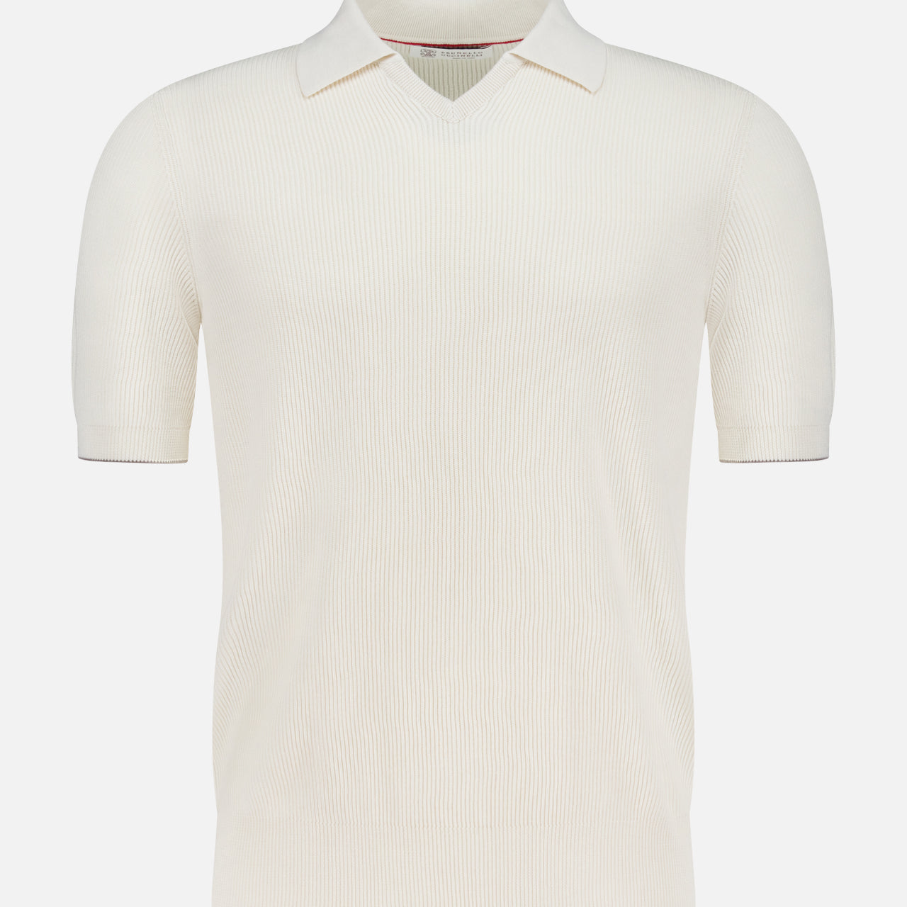 The BRUNELLO CUCINELLI Polo Short Sleeve Sweater is a cream-colored, short-sleeved V-neck English rib knit polo with a flat collar, made in Italy and shown on a plain white background.