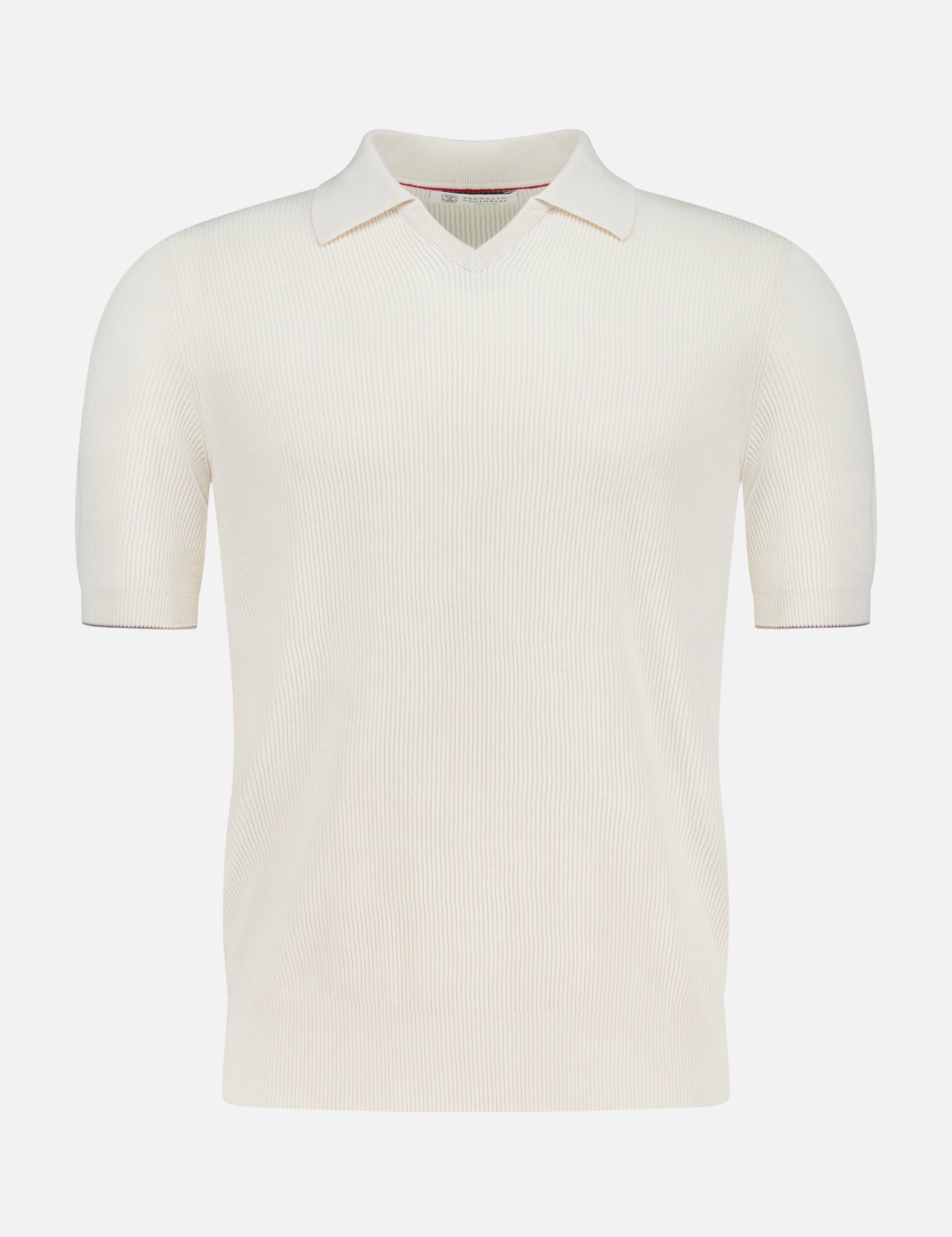 The BRUNELLO CUCINELLI Polo Short Sleeve Sweater is a cream-colored, short-sleeved V-neck English rib knit polo with a flat collar, made in Italy and shown on a plain white background.