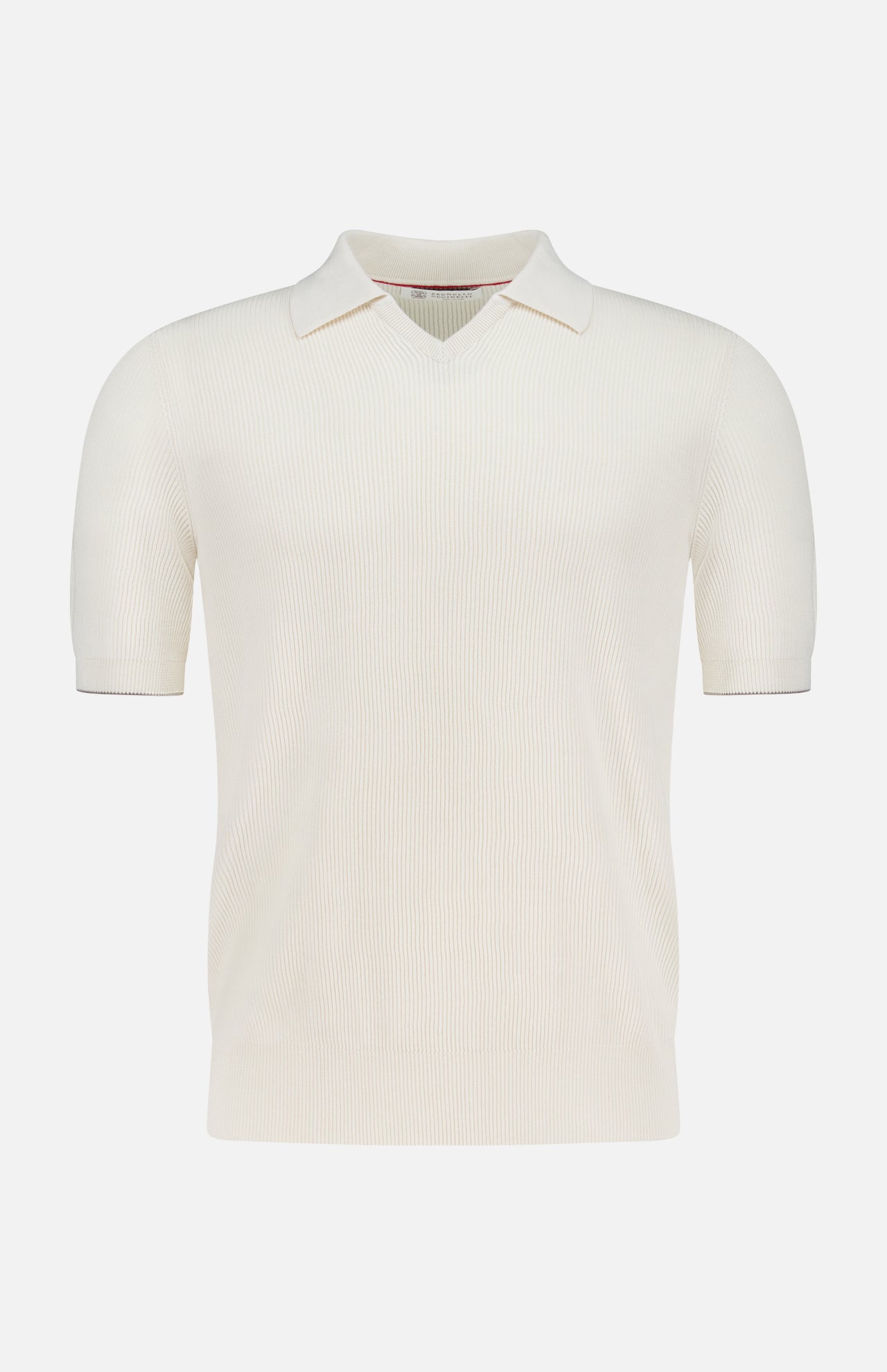 The BRUNELLO CUCINELLI Polo Short Sleeve Sweater is a cream-colored, short-sleeved V-neck English rib knit polo with a flat collar, made in Italy and shown on a plain white background.
