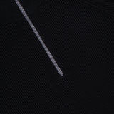 Close-up of the BRUNELLO CUCINELLI Quarter Zip Pullover Sweater in black, featuring ribbed fabric and a partially unzipped silver zipper, showcasing the sweater's detailed texture and design.