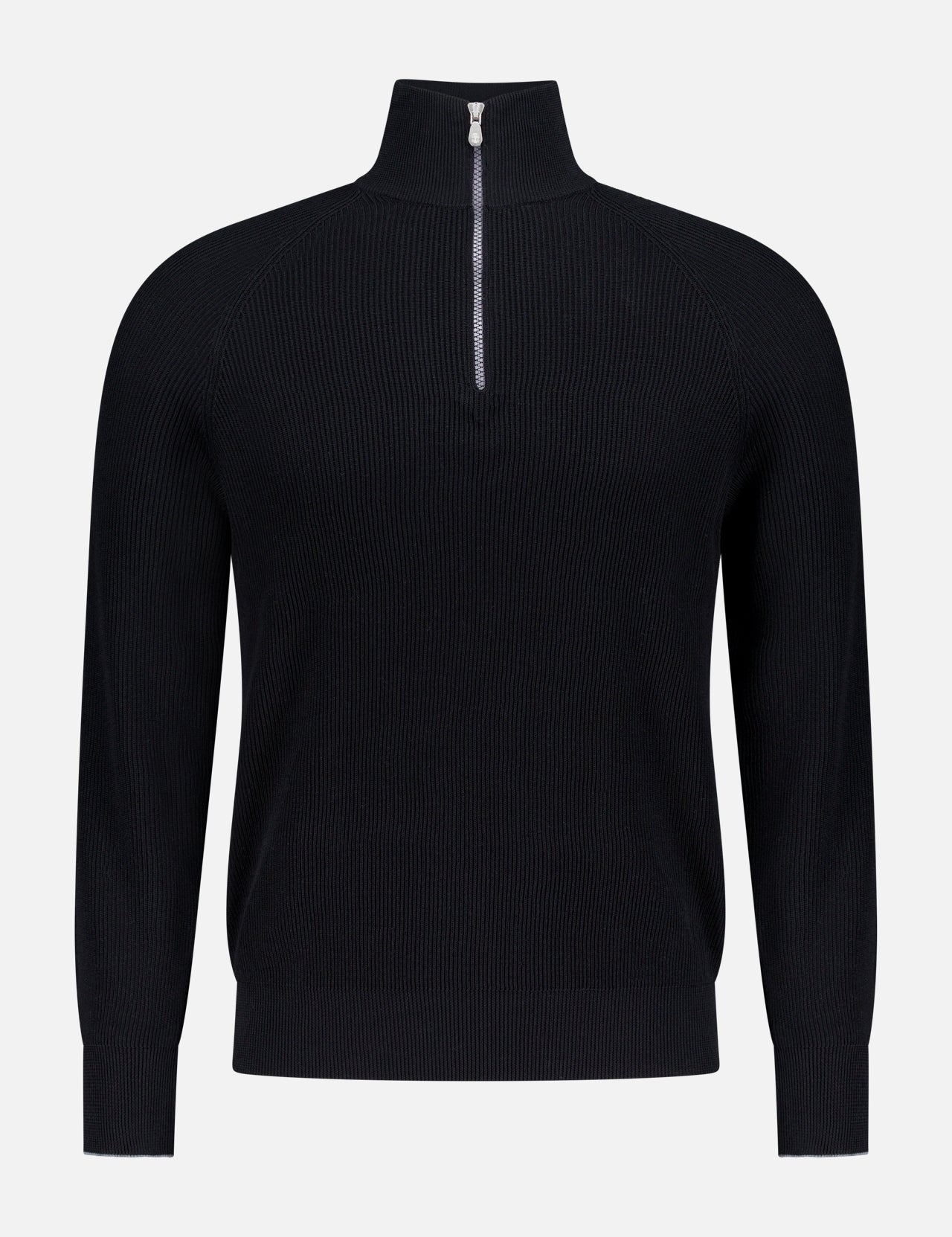 The BRUNELLO CUCINELLI Quarter Zip Pullover Sweater is a black men's cotton sweater with long sleeves, ribbed knit texture, high collar, and front half-zip closure, shown against a plain white background.