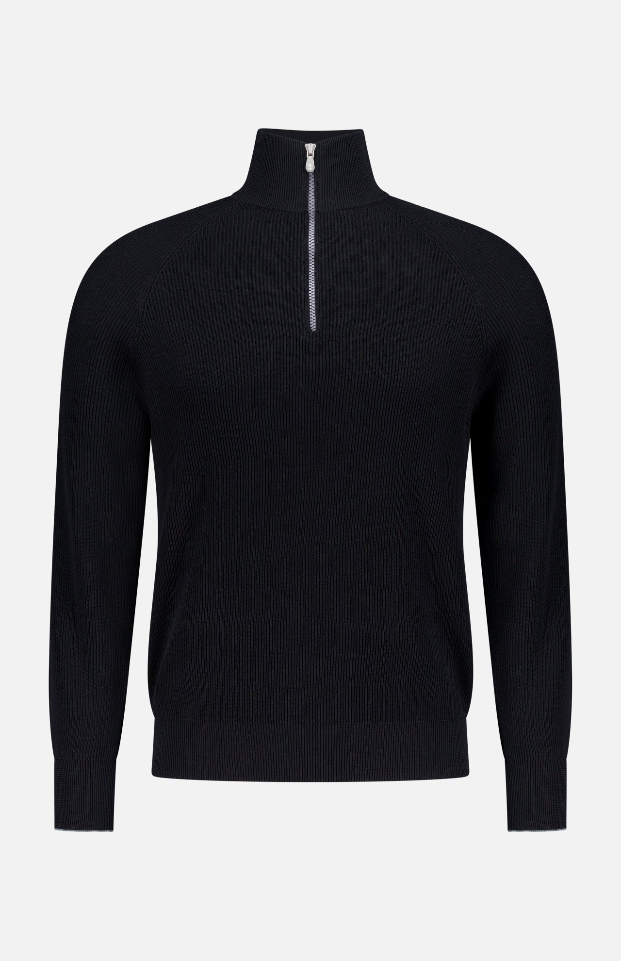 The BRUNELLO CUCINELLI Quarter Zip Pullover Sweater is a black men's cotton sweater with long sleeves, ribbed knit texture, high collar, and front half-zip closure, shown against a plain white background.