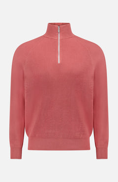 The BRUNELLO CUCINELLI Quarter Zip Pullover Sweater for men features a coral pink ribbed texture, high collar, and silver quarter-zip. Crafted in classic cotton knitwear and showcased against a white background.