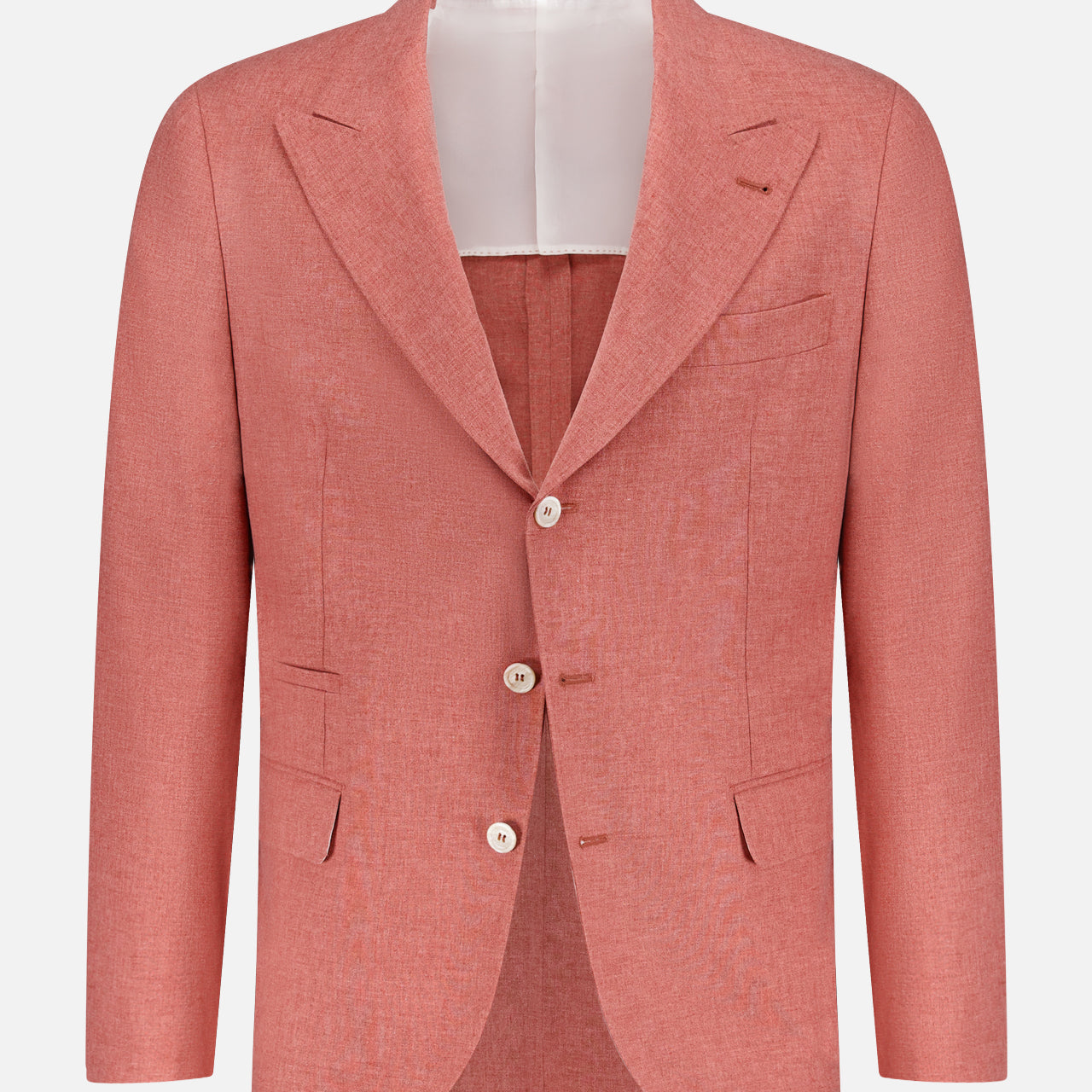A sportcoat by BRUNELLO CUCINELLI, the Virgin wool, Cotton and Silk Sportcoat features notch lapels, two buttons, and a single chest pocket in salmon pink linen, shown on a plain white background.