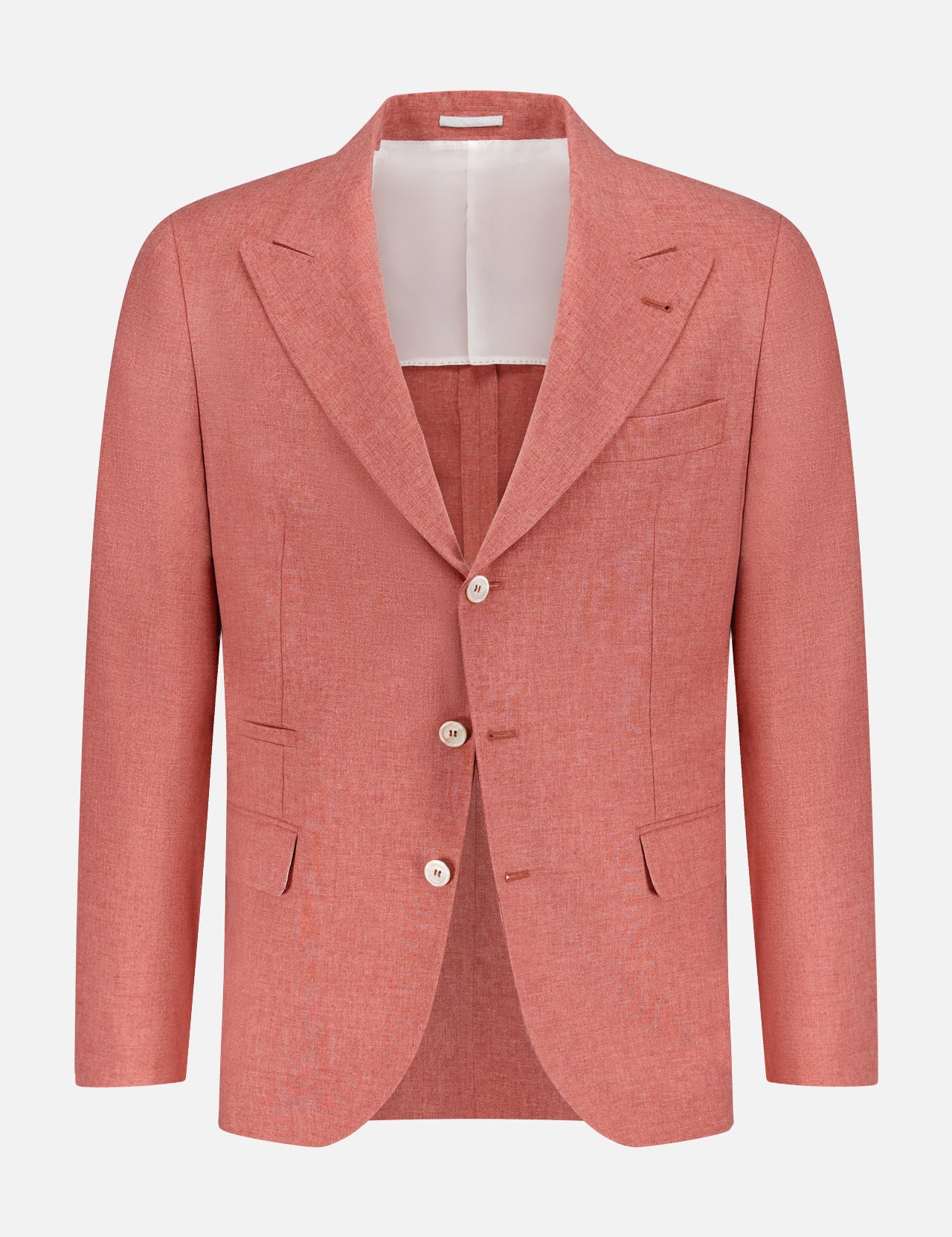 A sportcoat by BRUNELLO CUCINELLI, the Virgin wool, Cotton and Silk Sportcoat features notch lapels, two buttons, and a single chest pocket in salmon pink linen, shown on a plain white background.