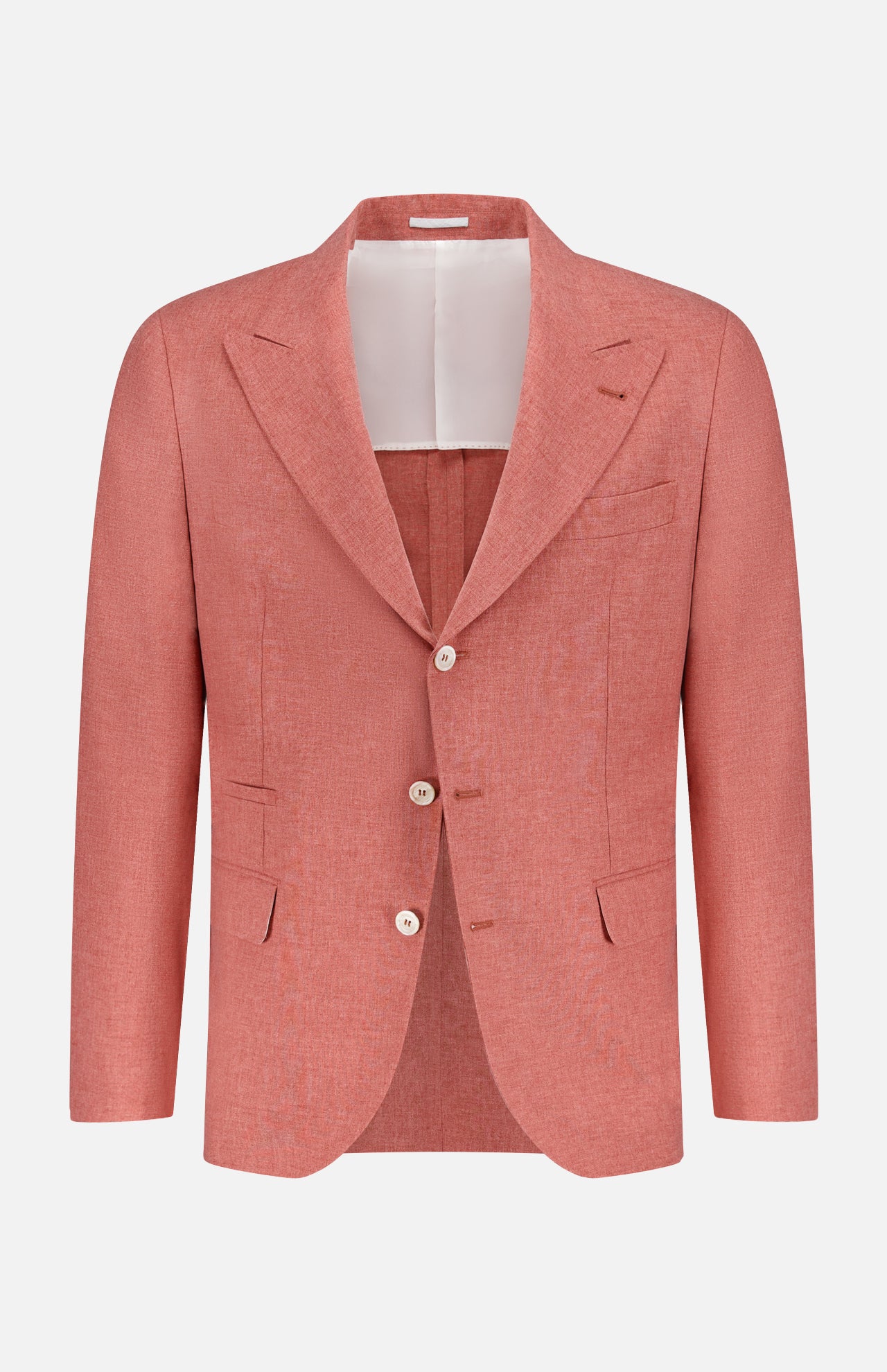 A sportcoat by BRUNELLO CUCINELLI, the Virgin wool, Cotton and Silk Sportcoat features notch lapels, two buttons, and a single chest pocket in salmon pink linen, shown on a plain white background.