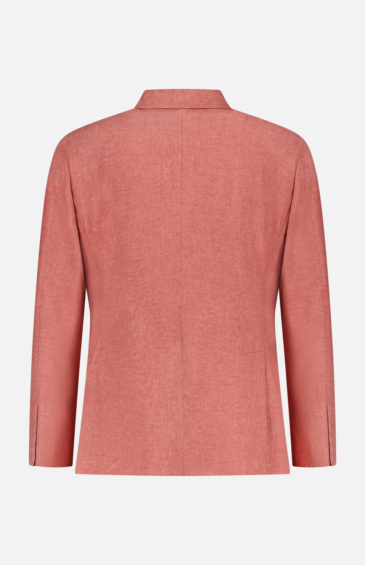 Back view of the BRUNELLO CUCINELLI Virgin Wool, Cotton and Silk Sportcoat in muted red, featuring long sleeves, a straight hem, notch collar, and subtle seam detailing, shown against a plain white background.