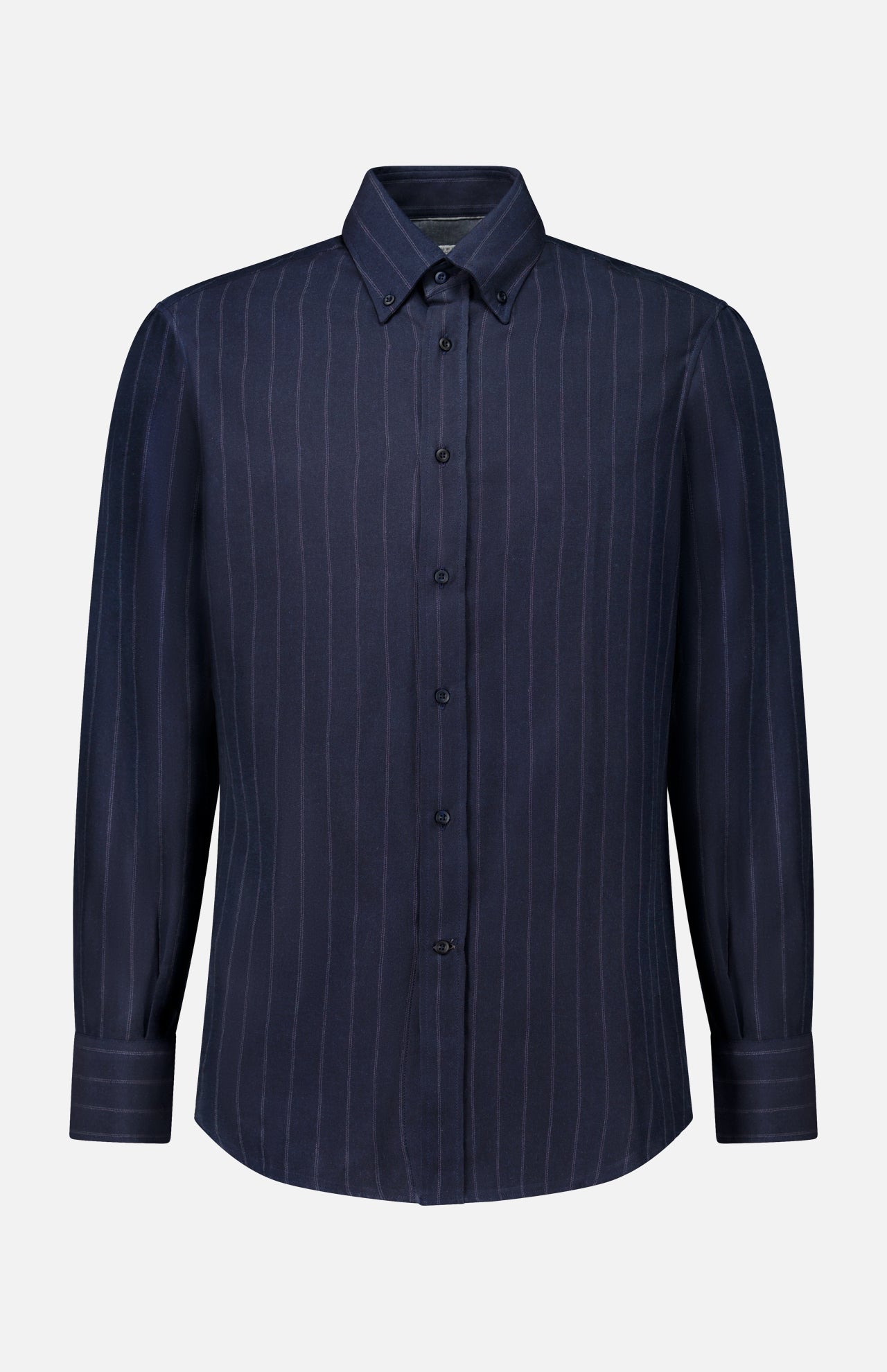 Dark navy long-sleeve Striped Long Sleeve Button Up Shirt with a button-down collar, styled as a versatile men’s work shirt by Brunello Cucinelli.