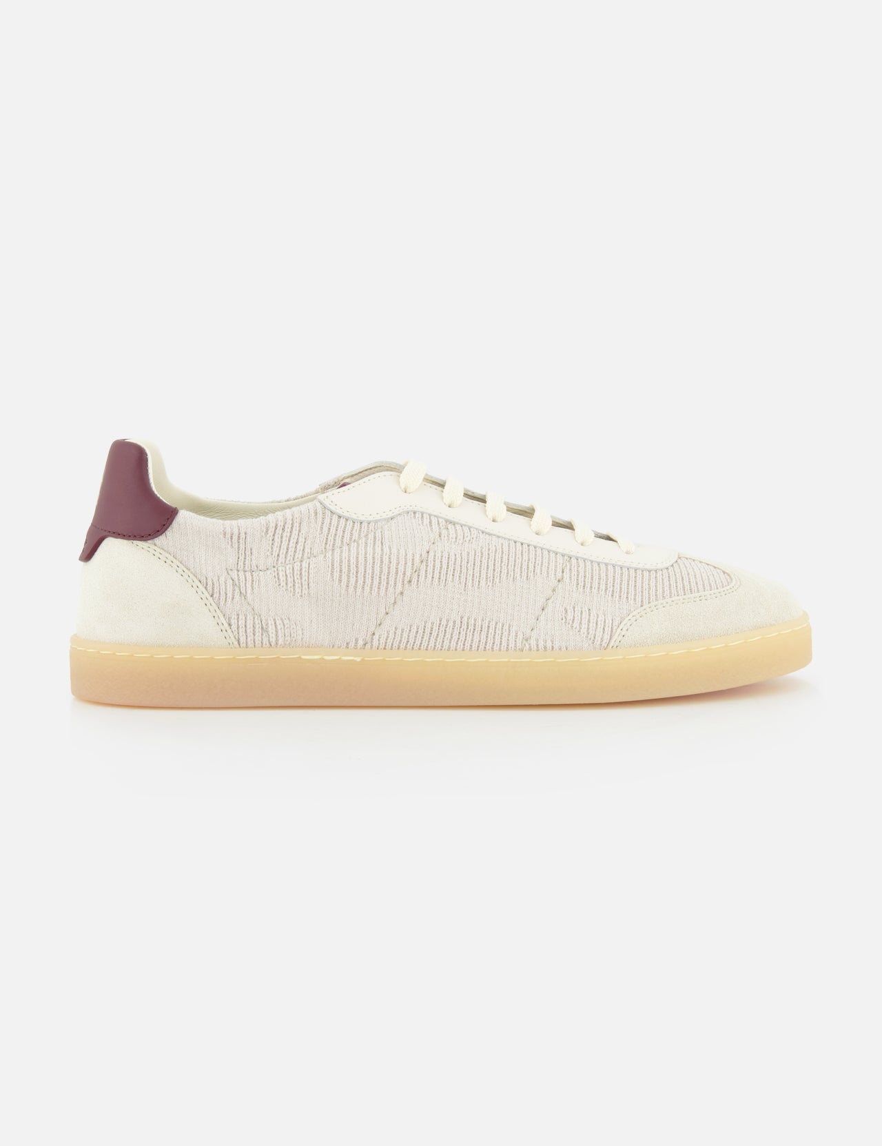 The BRUNELLO CUCINELLI Suede Leather Detailing Sneakers feature beige washed suede with a textured pattern, cream laces, a light tan sole, and a dark burgundy heel accent. Made in Italy and shown on a white background.