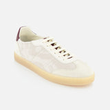The BRUNELLO CUCINELLI Suede Leather Detailing Sneakers feature a cream hue with white laces, light beige suede and mesh panels, gum sole, and a burgundy heel accent, shown against a white background.