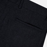 Close-up of the upper section of the BRUNELLO CUCINELLI Wool Suit Trouser Pant in dark grey, featuring a waistband with belt loops and a single back pocket, showcasing its streamlined, minimalist design against a plain background.