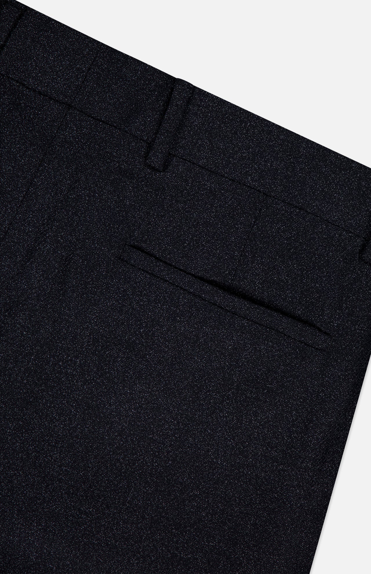 Close-up of the upper section of the BRUNELLO CUCINELLI Wool Suit Trouser Pant in dark grey, featuring a waistband with belt loops and a single back pocket, showcasing its streamlined, minimalist design against a plain background.