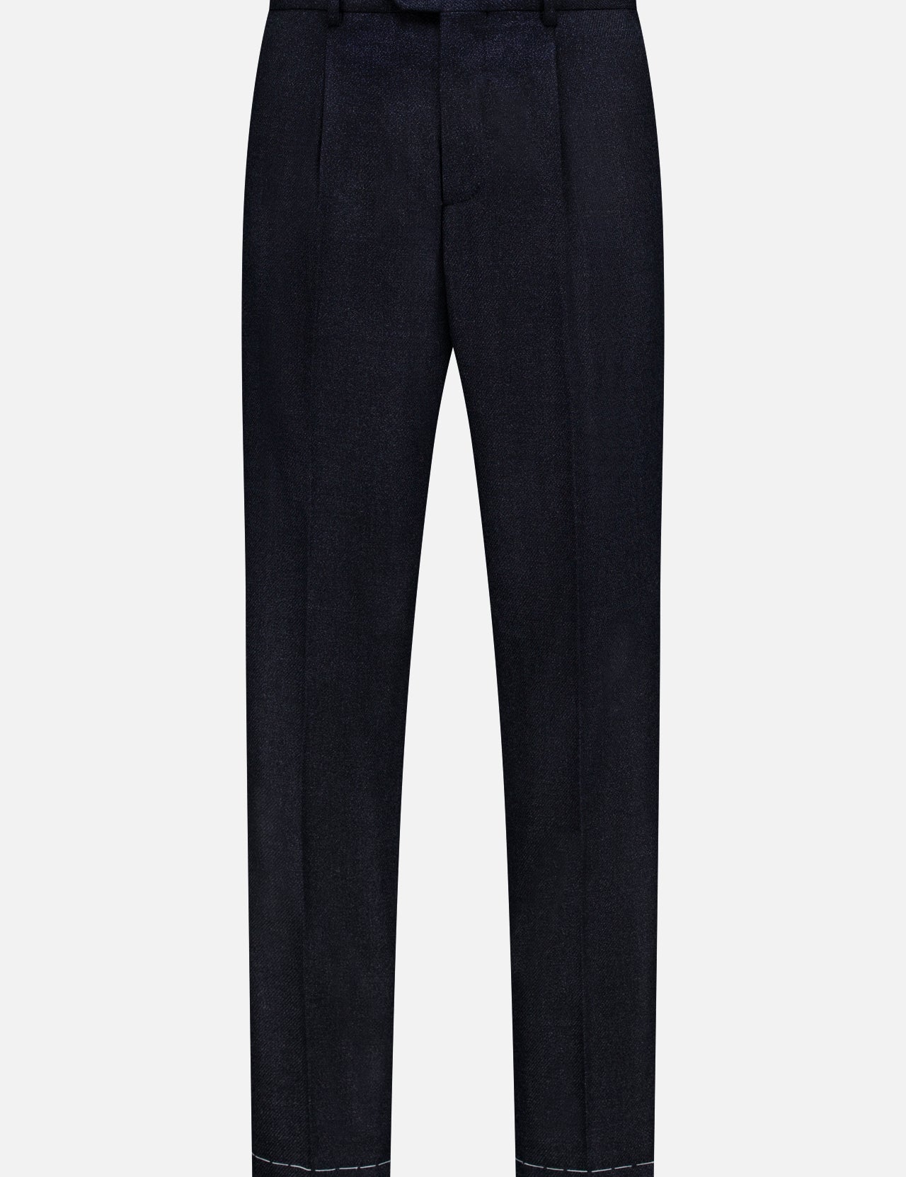 The BRUNELLO CUCINELLI Wool Suit Trouser Pant, featuring a dark navy hue, button closure, belt loops, front pleats, and cuffed hems, is displayed against a white background.