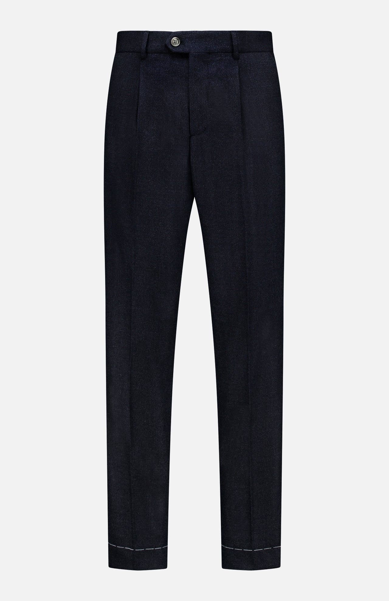 The BRUNELLO CUCINELLI Wool Suit Trouser Pant, featuring a dark navy hue, button closure, belt loops, front pleats, and cuffed hems, is displayed against a white background.