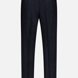 Back view of the BRUNELLO CUCINELLI Wool Suit Trouser Pant in dark navy virgin wool, featuring belt loops, two back welt pockets, and subtle stitching detail near the hem, displayed on a plain white background.
