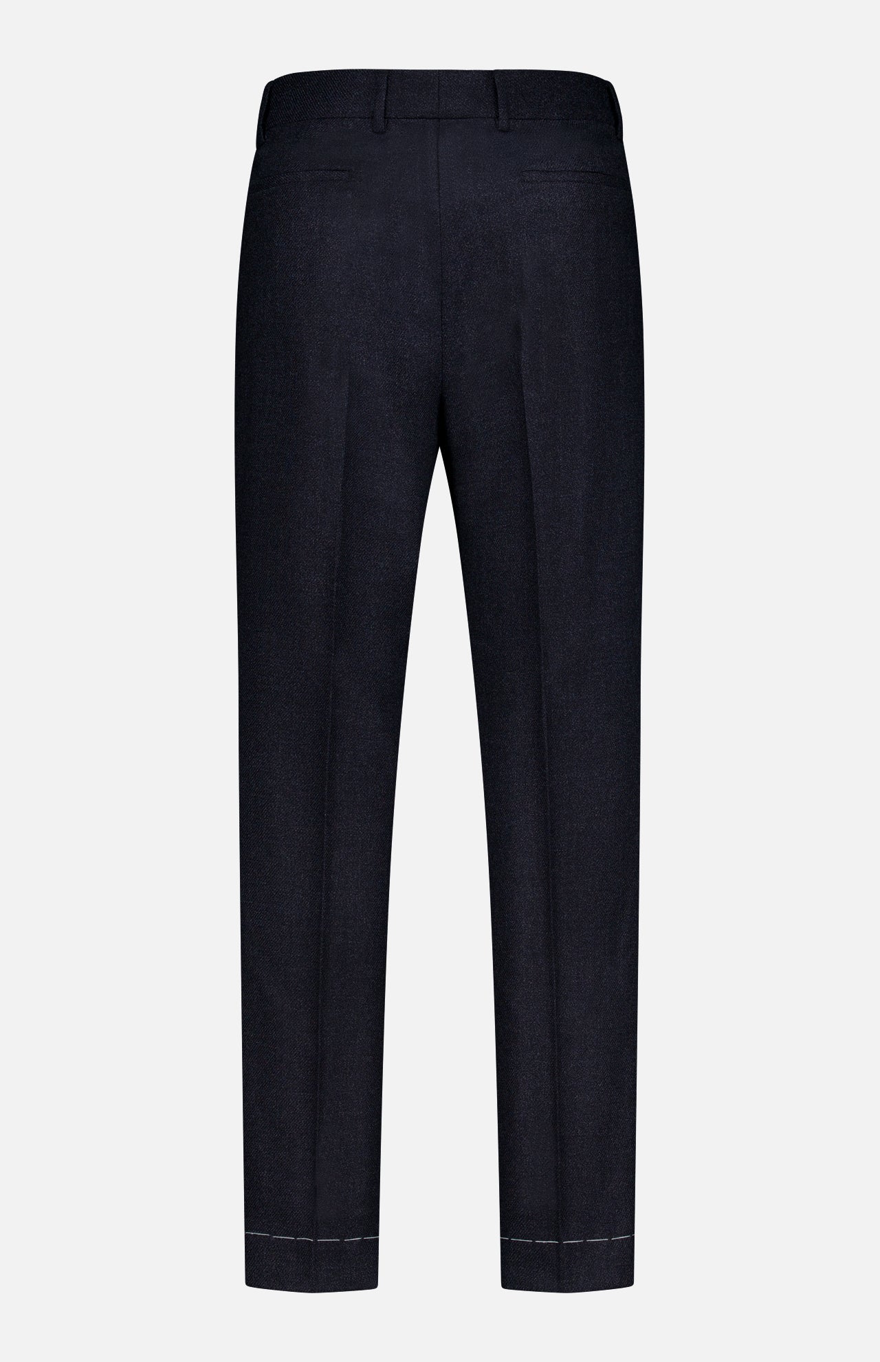 Back view of the BRUNELLO CUCINELLI Wool Suit Trouser Pant in dark navy virgin wool, featuring belt loops, two back welt pockets, and subtle stitching detail near the hem, displayed on a plain white background.