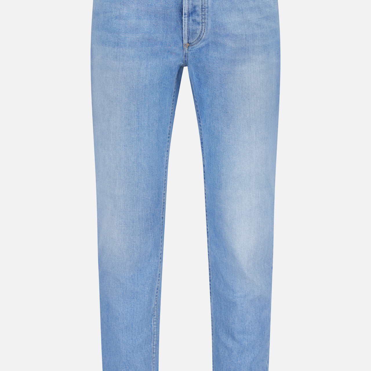 BRUNELLO CUCINELLI Traditional Fit Button Fly Jeans in light blue denim feature a straight leg, 5-pocket design, button fly closure, and front and back pockets, displayed against a plain white background.