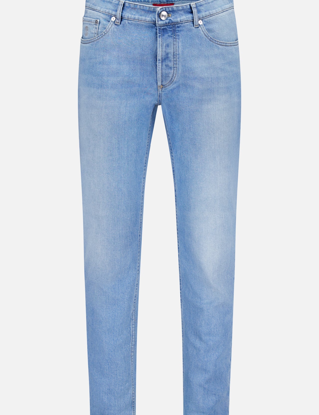 BRUNELLO CUCINELLI Traditional Fit Button Fly Jeans in light blue denim feature a straight leg, 5-pocket design, button fly closure, and front and back pockets, displayed against a plain white background.