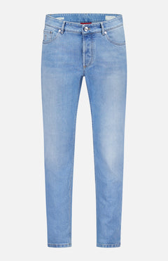BRUNELLO CUCINELLI Traditional Fit Button Fly Jeans in light blue denim feature a straight leg, 5-pocket design, button fly closure, and front and back pockets, displayed against a plain white background.