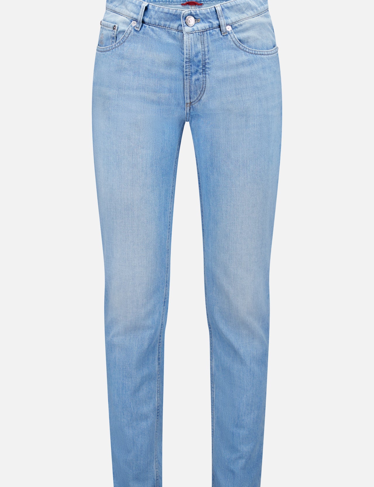 The Traditional Fit Light Denim jeans by BRUNELLO CUCINELLI feature a light blue wash with a classic five-pocket design and button closure, inspired by vintage denim, and are shown against a plain white background.