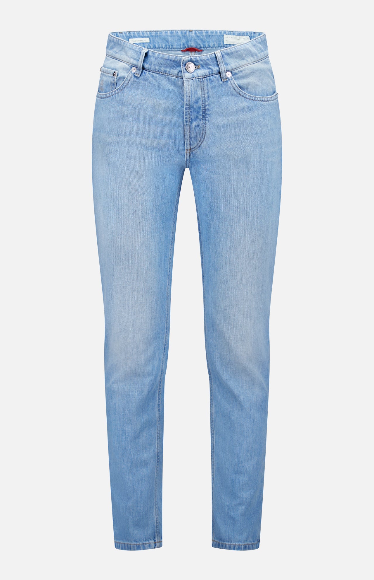 The Traditional Fit Light Denim jeans by BRUNELLO CUCINELLI feature a light blue wash with a classic five-pocket design and button closure, inspired by vintage denim, and are shown against a plain white background.