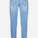Back view of BRUNELLO CUCINELLI Traditional Fit Light Denim, featuring blue lightwash denim with two rear pockets, subtle stitching details, belt loops, and a brown leather patch on the waistband. These jeans offer a straight-leg fit with no visible distressing.