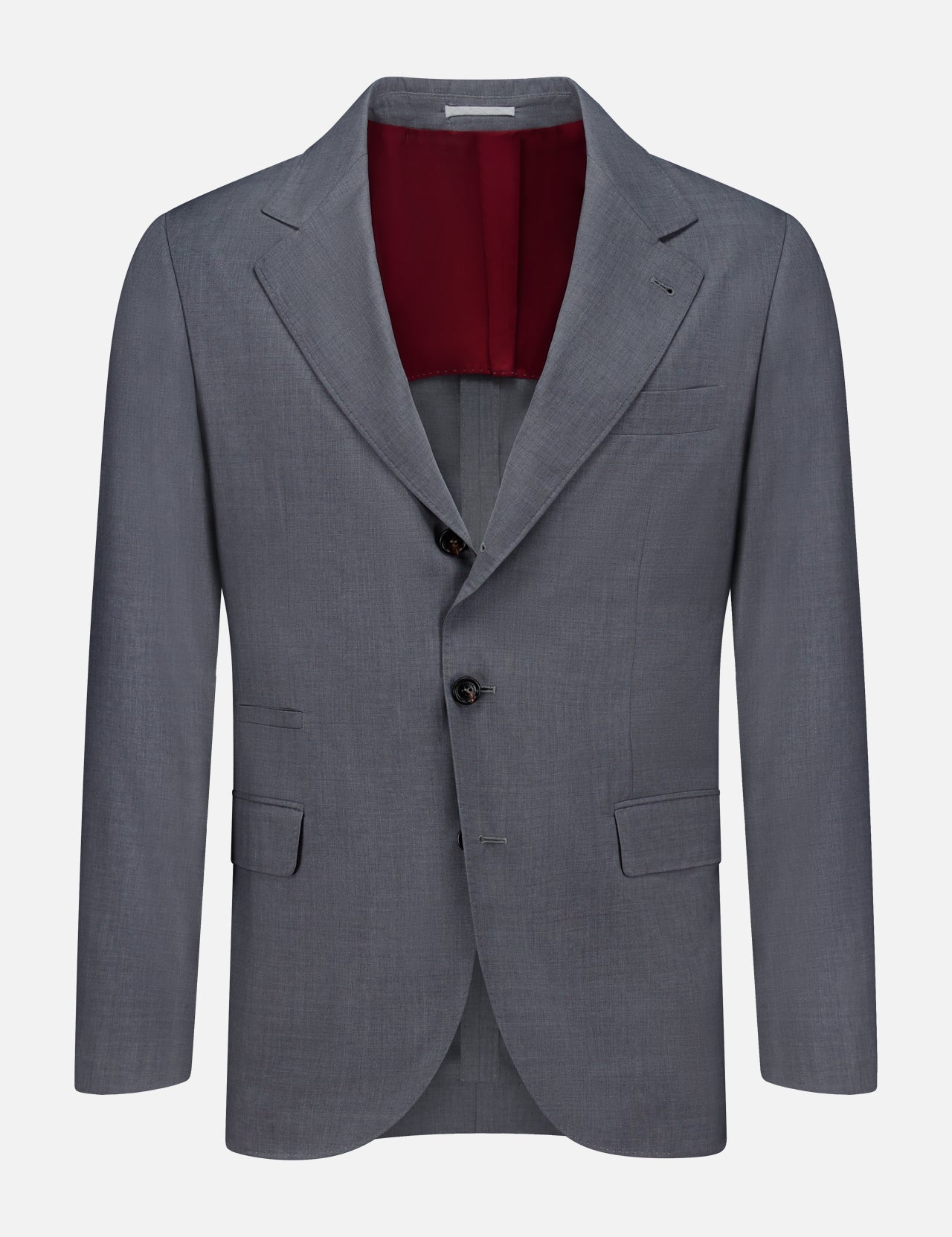 Introducing the BRUNELLO CUCINELLI Wool and Silk Travel Blazer, a versatile travel jacket in grey, expertly crafted from a luxurious blend of wool and silk. This single-breasted blazer features two buttons, notched lapels, flap pockets, and a striking burgundy lining, elegantly presented against a plain white background.